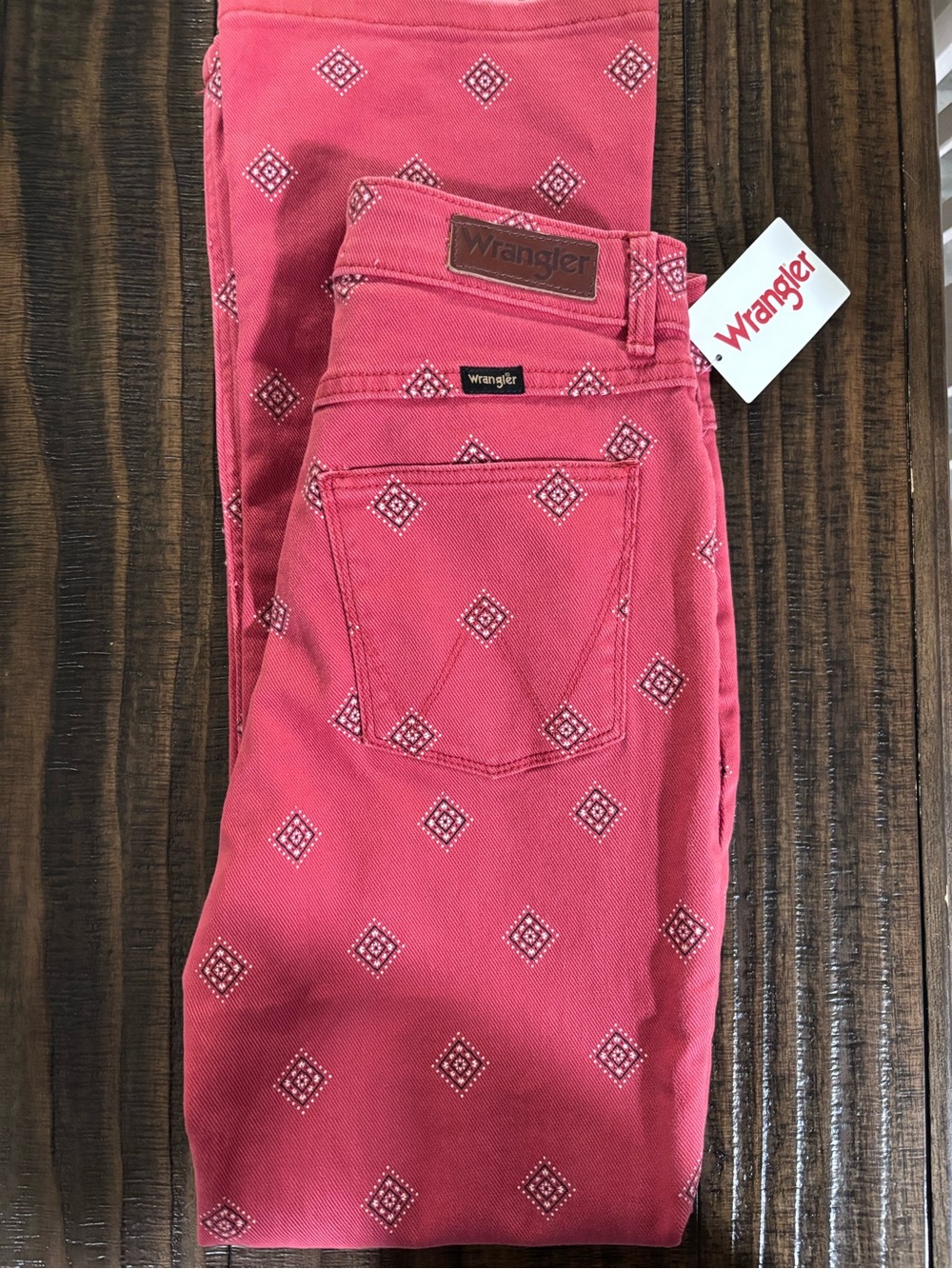 Wrangler Women's Coral Pink Skinny Jeans with White Diamond Print